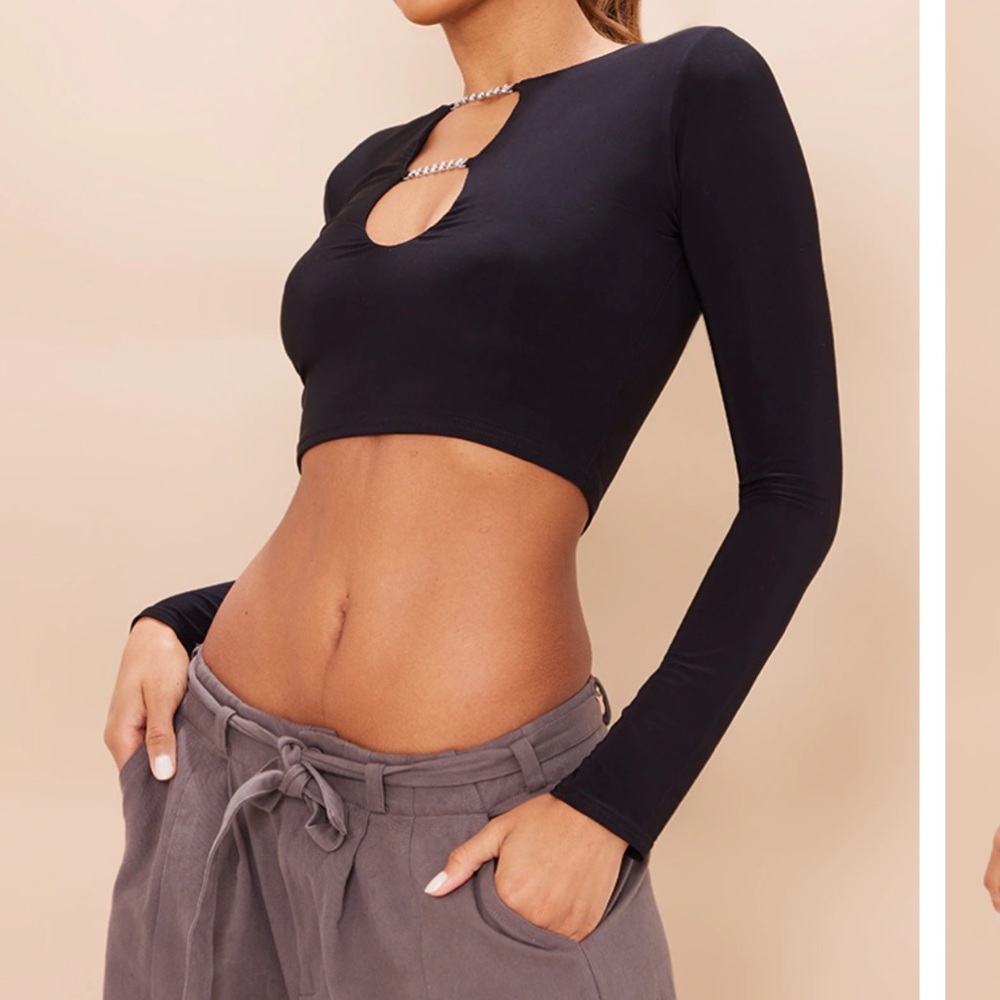 Jeweled Detail Long Sleeve Crop Top